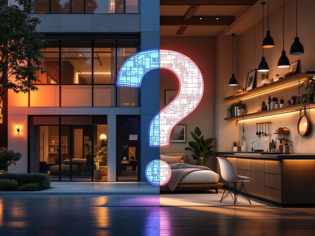 Moderne kantoorgebouw versus gezellig wooninterieur gescheiden door blauwdruk vraagteken, commercieel vs residentieel gebruik