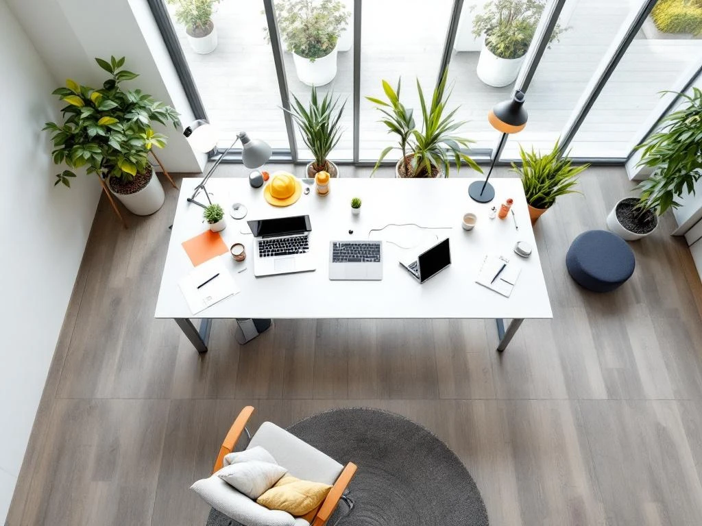 Moderne kantoorwerkplek van bovenaf met ergonomische bureaustoel, laptop, natuurlijk licht en veiligheidsstandaarden