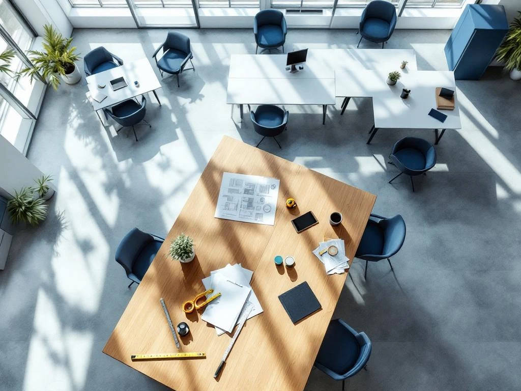 Bovenaanzicht moderne kantoorruimte met verschillende werkstations, meetlinten en linialen op houten bureau bij raam