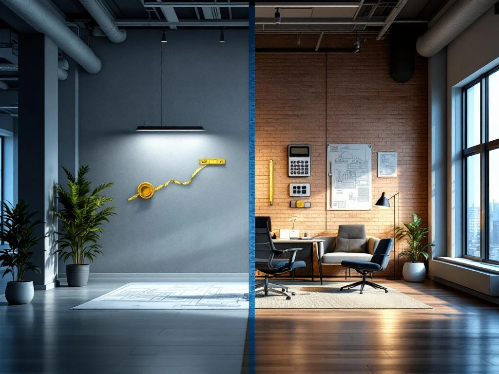 Moderne kantoorinrichting voor-na vergelijking met kostenberekening dynamicen en ergonomisch meubilair in blauw-grijze tinten