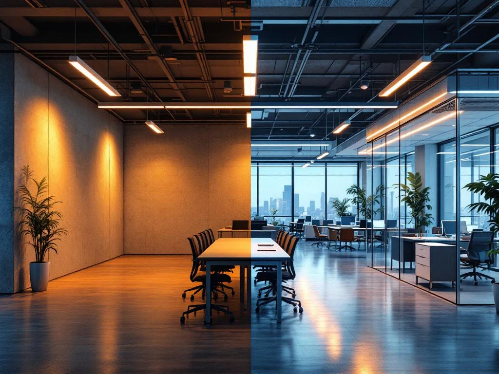 Voor-en-na vergelijking van kantoorruimte: links leeg traditioneel kantoor, rechts moderne coworking space met planten