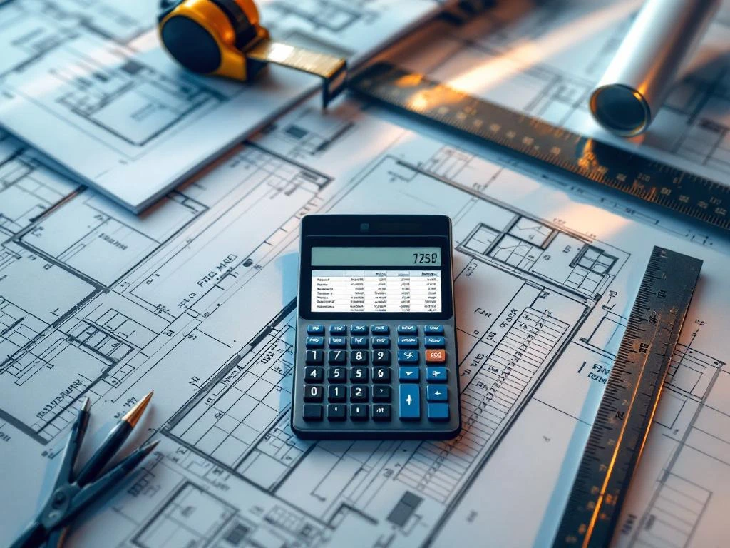 Calculator op architecturale blauwdrukken met meetinstrumenten en tablet met spreadsheet voor kantoorruimte planning