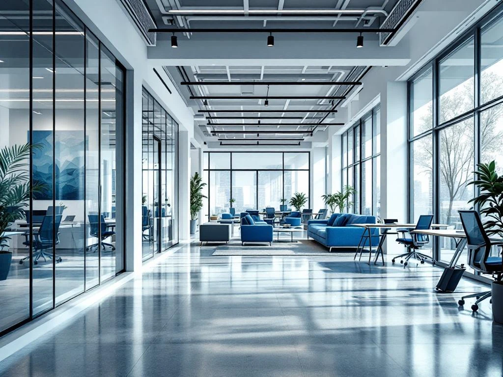 Modern kantoor met glazen vergaderruimtes, open werkplekken en ergonomisch meubilair in blauw-grijze tinten