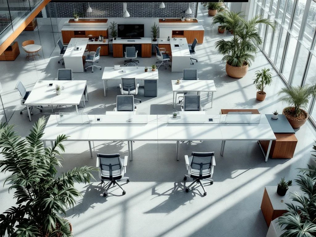 Moderne open kantoorruimte met witte bureaus, ergonomische stoelen, houten accenten en groene planten bij ramen