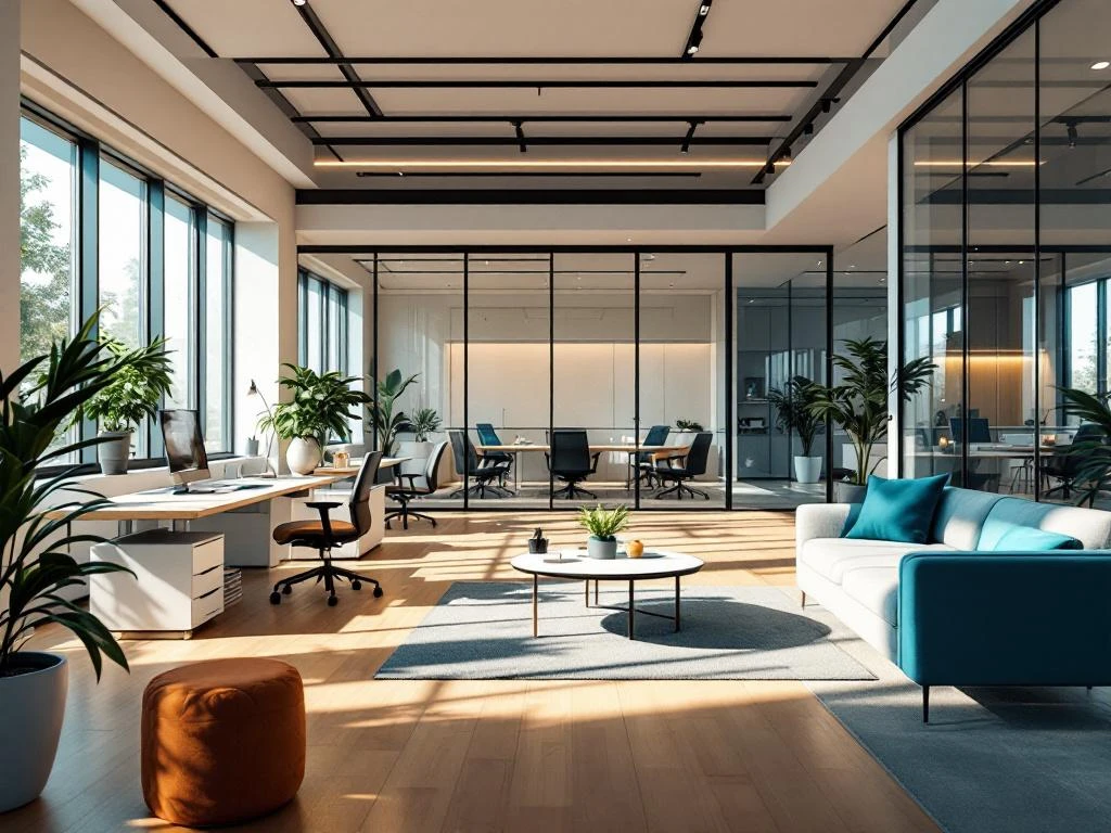 Modern kantoorinterieur met open werkruimte, glazen privékantoor, loungehoek en vergaderruimte in natuurlijk licht