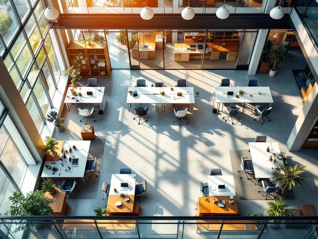 Moderne kantooromgeving van bovenaf met ergonomische werkplekken, natuurlijk licht en optimale ruimtelijke indeling