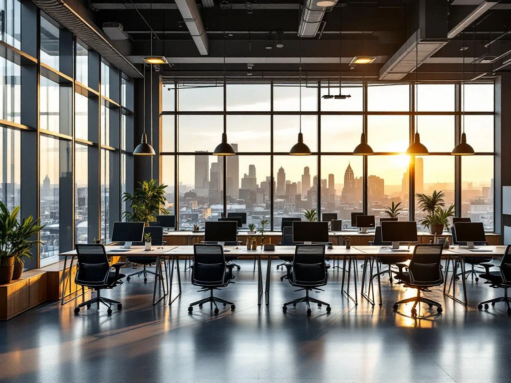 Moderne kantoorruimte met glazen wanden en uitzicht op Amsterdam skyline, open werkplekken en ergonomische stoelen