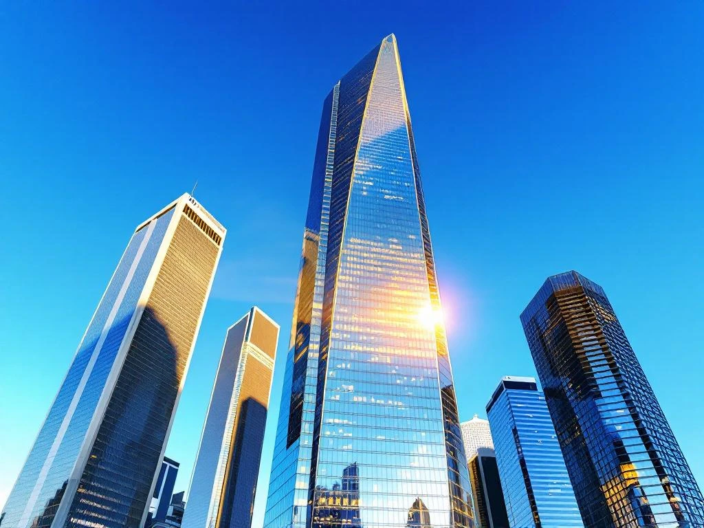 Amsterdam Zuidas wolkenkrabbers vanuit lage hoek, moderne glazen torens tegen blauwe hemel in financieel district