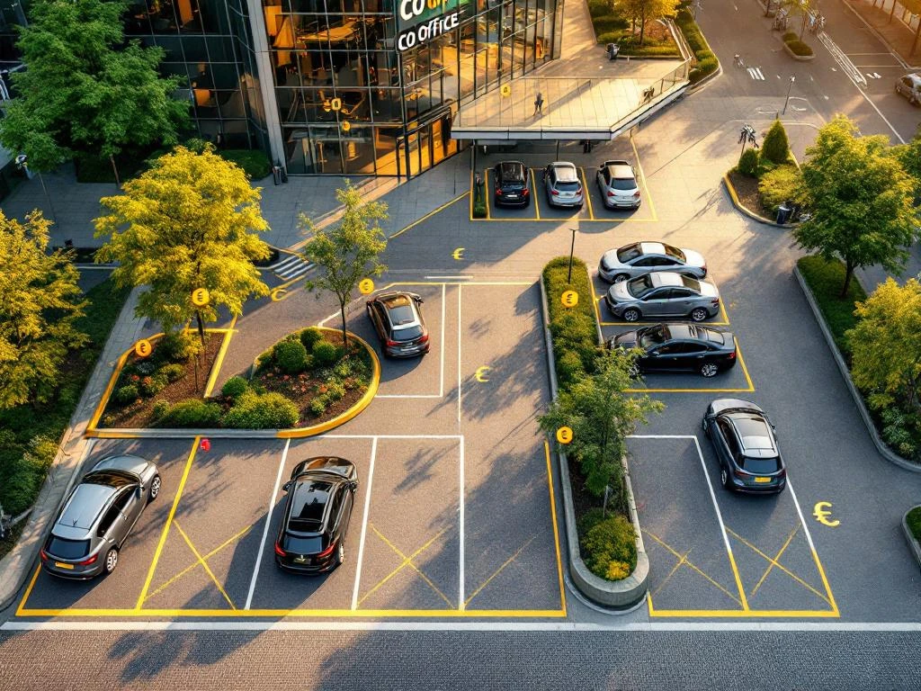 Moderne parkeerplaats in Duivendrecht met gele lijnen, euro-symbolen en betaalbare tarieven bij Co-Office gebouw