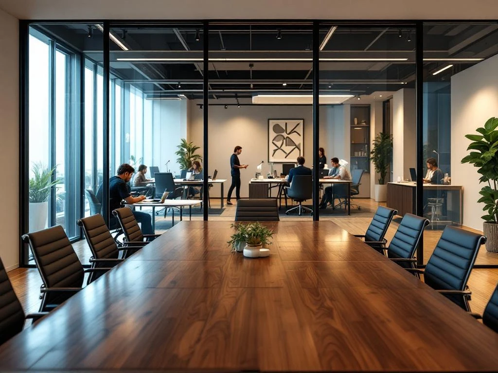 Moderne vergaderruimte met glazen wanden en houten tafel, coworking space met professionals op achtergrond