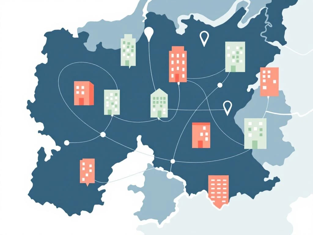 Kaart van Amsterdam West met geometrische kantoorgebouwen en netwerkverbindingen voor flexibele werkruimtes
