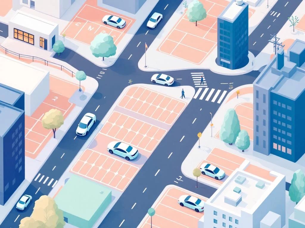 Vogelvluchtweergave van Amsterdam West met parkeergebieden, kantoorruimtes en auto's in moderne geometrische stijl