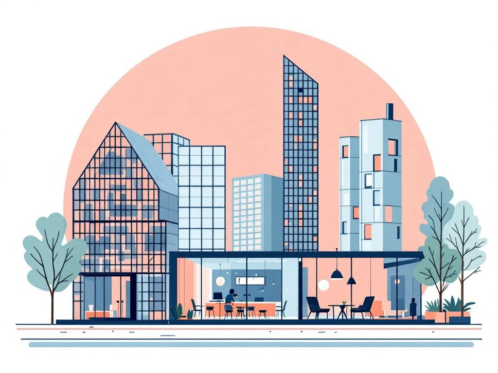 Moderne Amsterdam Zuidas kantoorruimtes met flexibel meubilair en coworking zones in navy, koraal en groen tinten