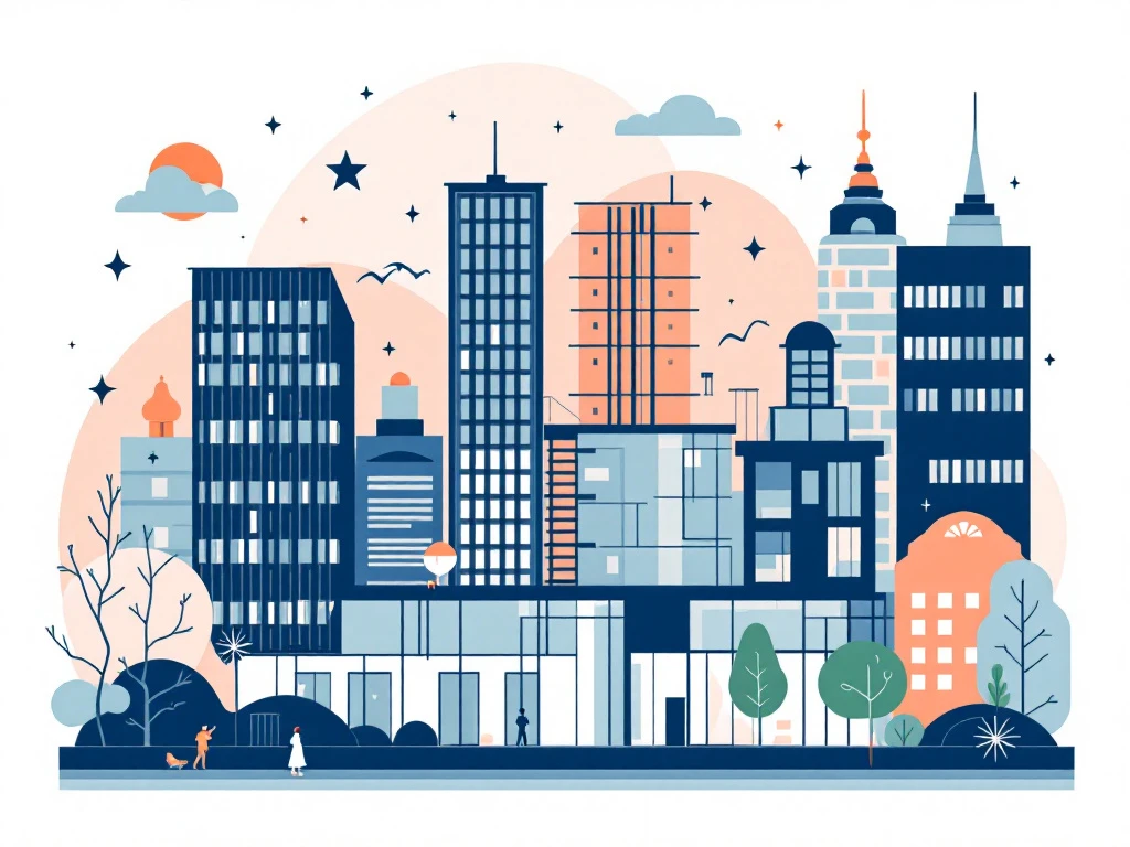 Moderne illustratie van Amsterdam Zuidas kantoorgebouwen met flexibele werkruimte-iconen in navy, perzik en mint