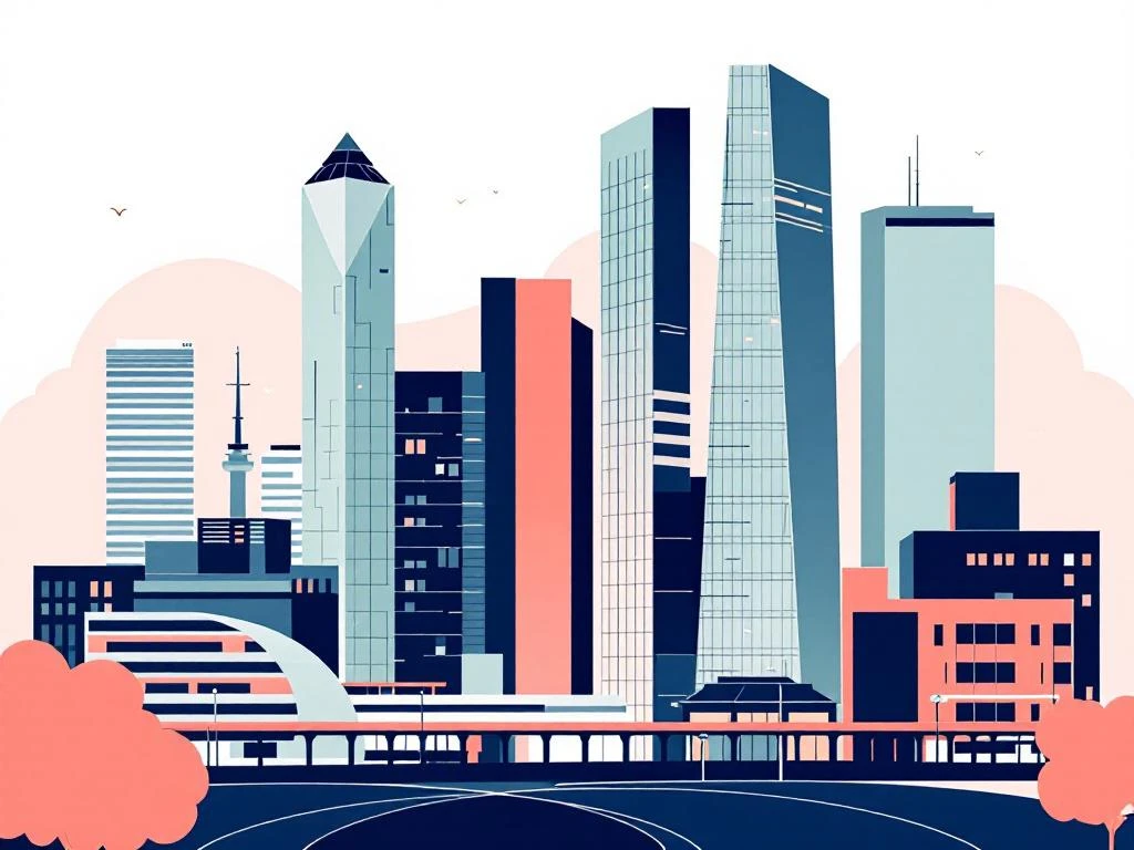 Minimalistische illustratie van Amsterdam Zuidas met geometrische wolkenkrabbers in marineblauw en saliegroen tinten