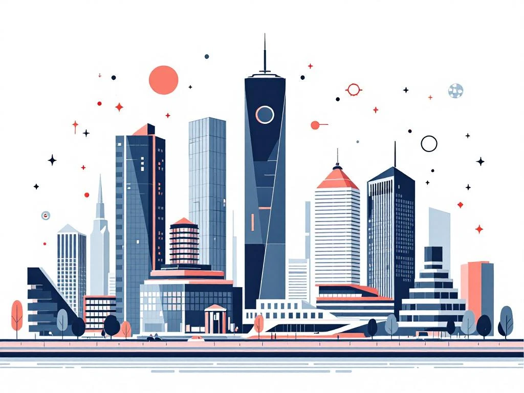 Moderne minimalistische illustratie van Amsterdam Zuidas zakenwijk met geometrische wolkenkrabbers in marineblauw