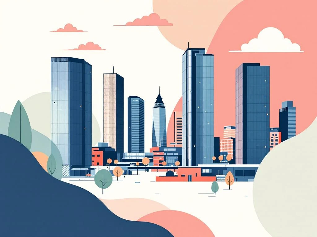 Moderne illustratie van Amsterdam Zuidas skyline met glazen kantoorgebouwen in minimalistische stijl, navy blauw en koraal
