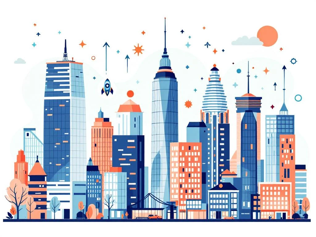 Amsterdam Zuidas zakenwijk met moderne glazen torens, groei-pijlen en startup-symbolen in navy, perzik en groen