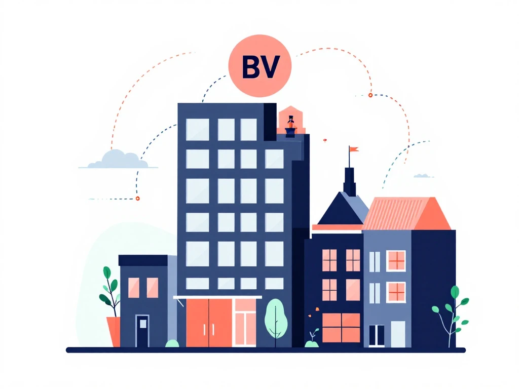 Modern gebouw silhouet met BV symbool verbonden door stippellijnen, navy blauw en koraal tinten, corporate huur concept