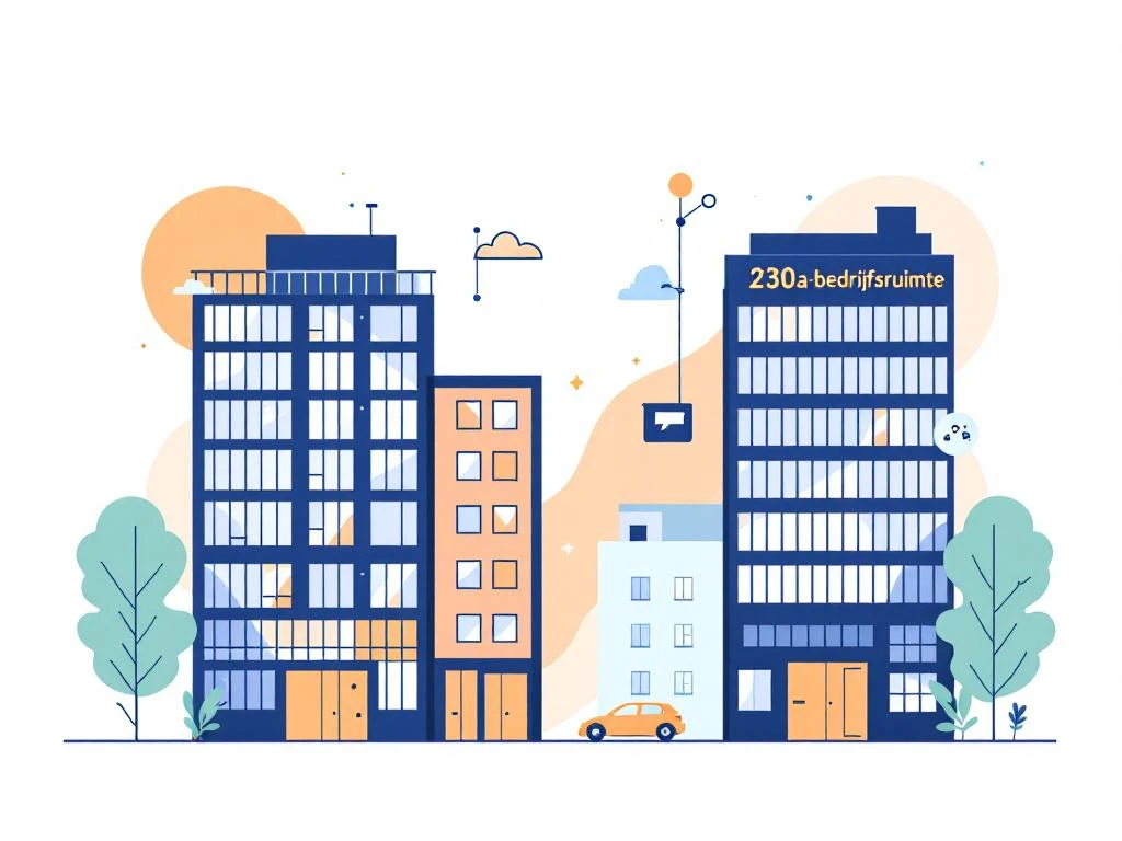 Twee moderne kantoorgebouwen naast elkaar met werkplek iconen ertussen, vergelijking van 230a en 290 bedrijfsruimte