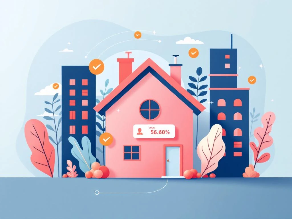 Huisvormig pictogram met prijslabel en percentageteken, omringd door geometrische dynamicen voor betaalbare huisvesting