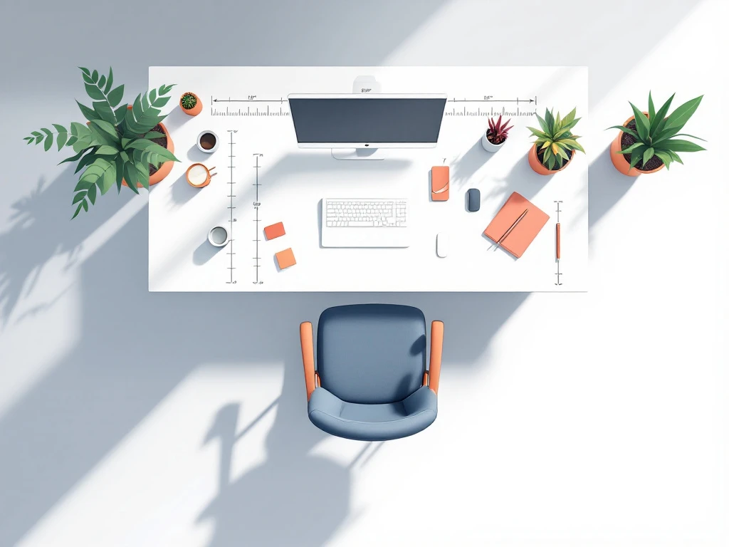 Ergonomisch bureauontwerp van bovenaf met meetlijnen en afmetingen, omringd door comfortabele werkplekinrichting