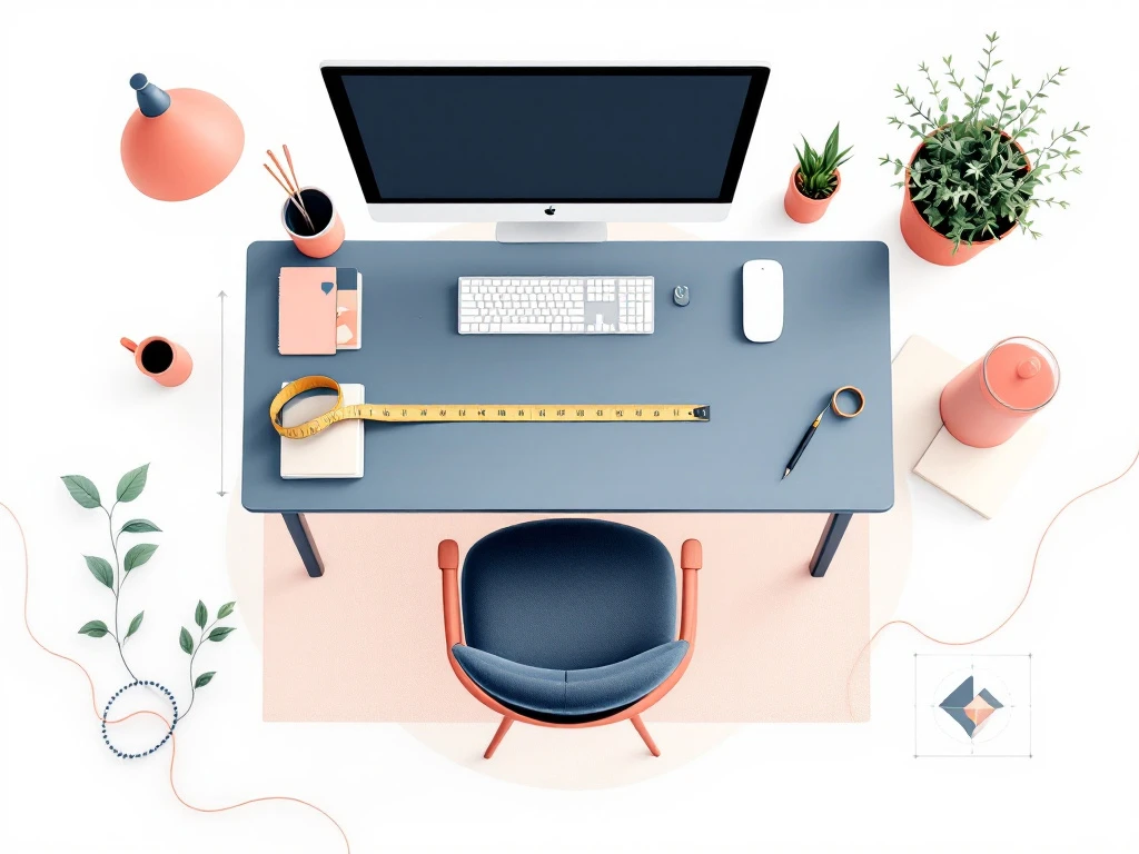 Moderne werkplek bovenaanzicht met meetlint en ruimtelijke indicatoren voor optimale bureaudimensies en ergonomie