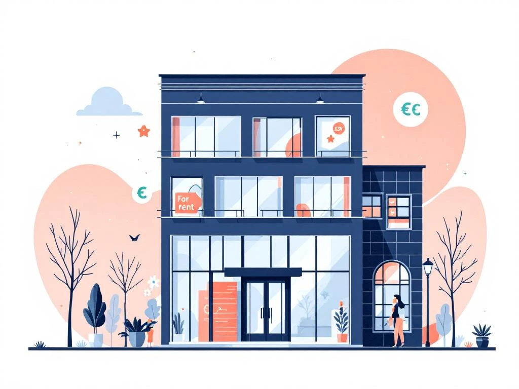 Modern kantoorgebouw met "Te Huur" symbolen, prijslabels en calculator iconen in zachte marineblauw en koraal tinten