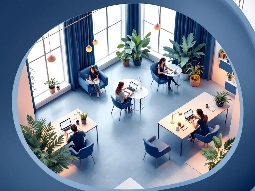 Bovenaanzicht moderne coworking ruimte met freelancers aan laptops, navy meubilair, mintgroene planten en warme verlichting