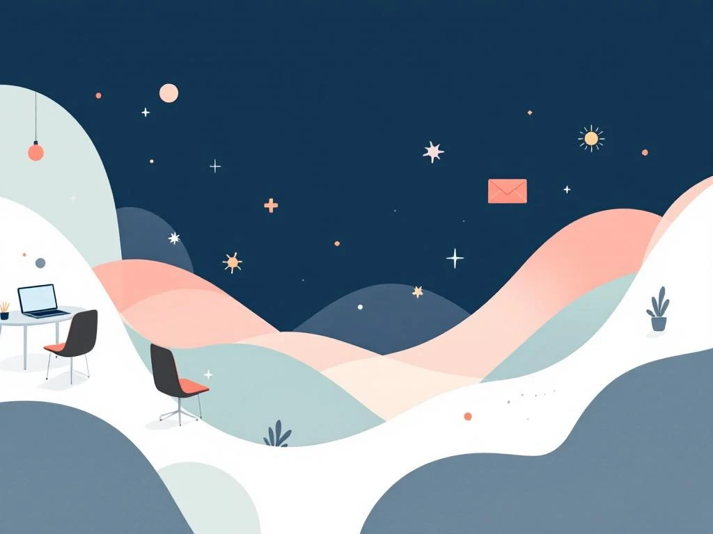 Moderne coworking werkruimte illustratie met zwevende bureaus, laptops en verbindingssymbolen in marineblauw en koraal