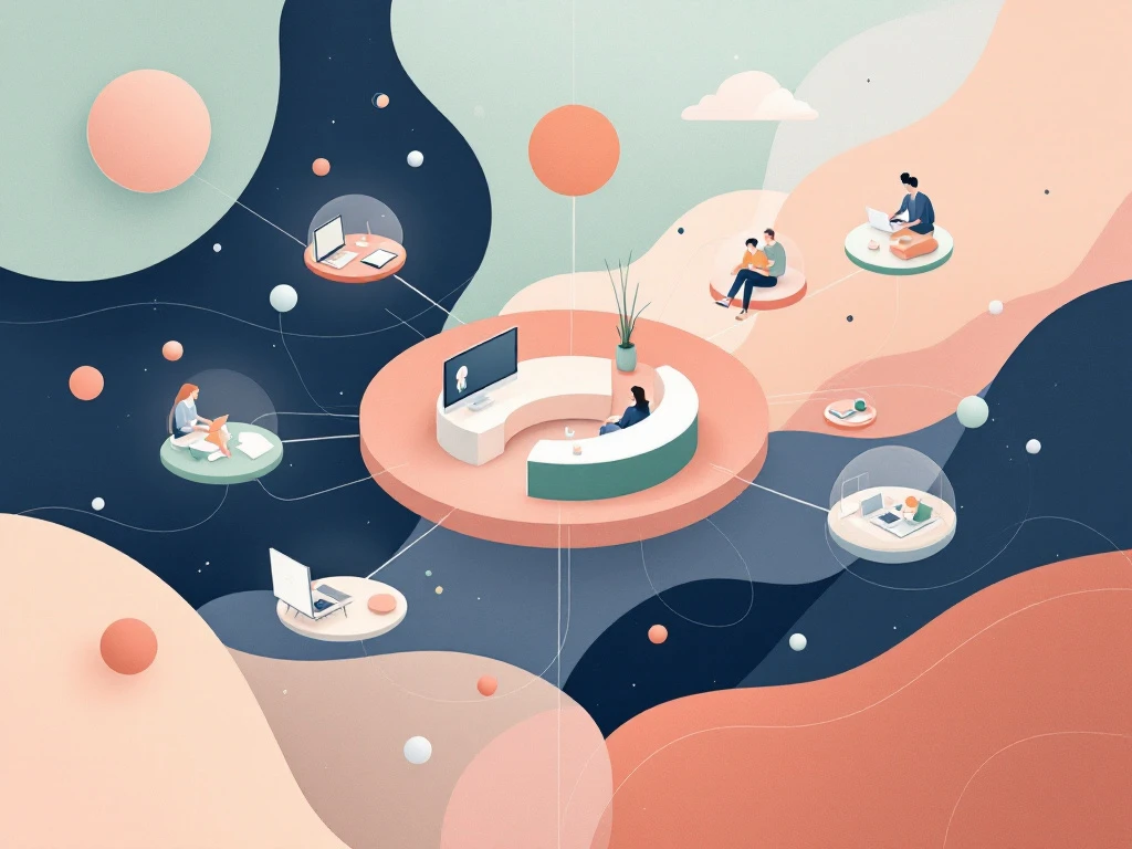 Moderne werkruimte illustratie met verbonden bureaus en samenwerkingspods in zachte kleuren op witte achtergrond