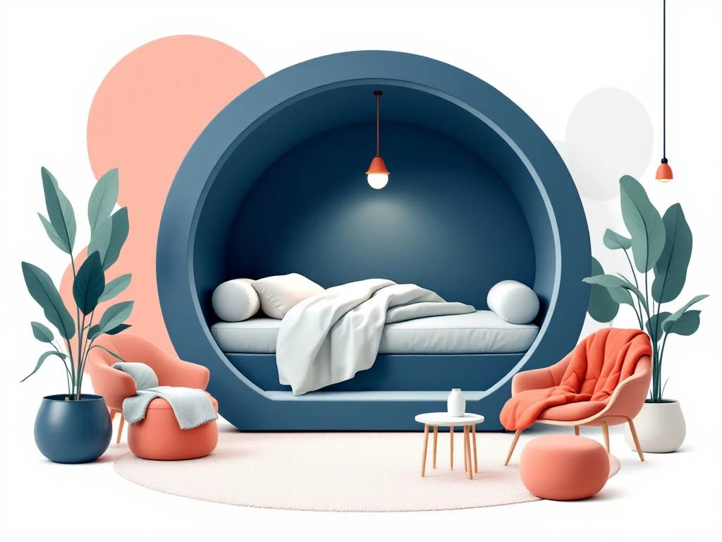 Moderne coworking ruimte met geïntegreerde slaappod, zachte meubels en planten in navy, koraal en salie tinten