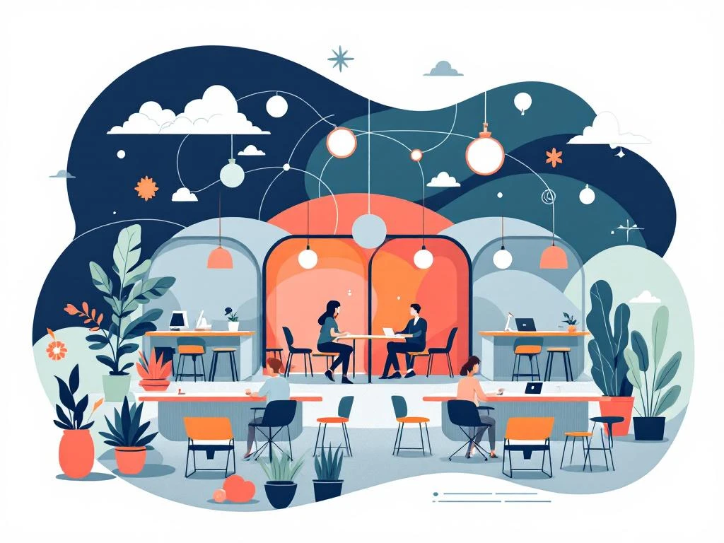 Moderne illustratie van coworking ruimte voordelen met gedeelde werkplekken, samenwerkingszones en verbindingssymbolen