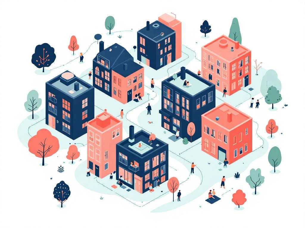 Luchtfoto van Bos en Lommer wijk met moderne coworking spaces, verbonden door groene paden en blauwe samenwerkingspunten