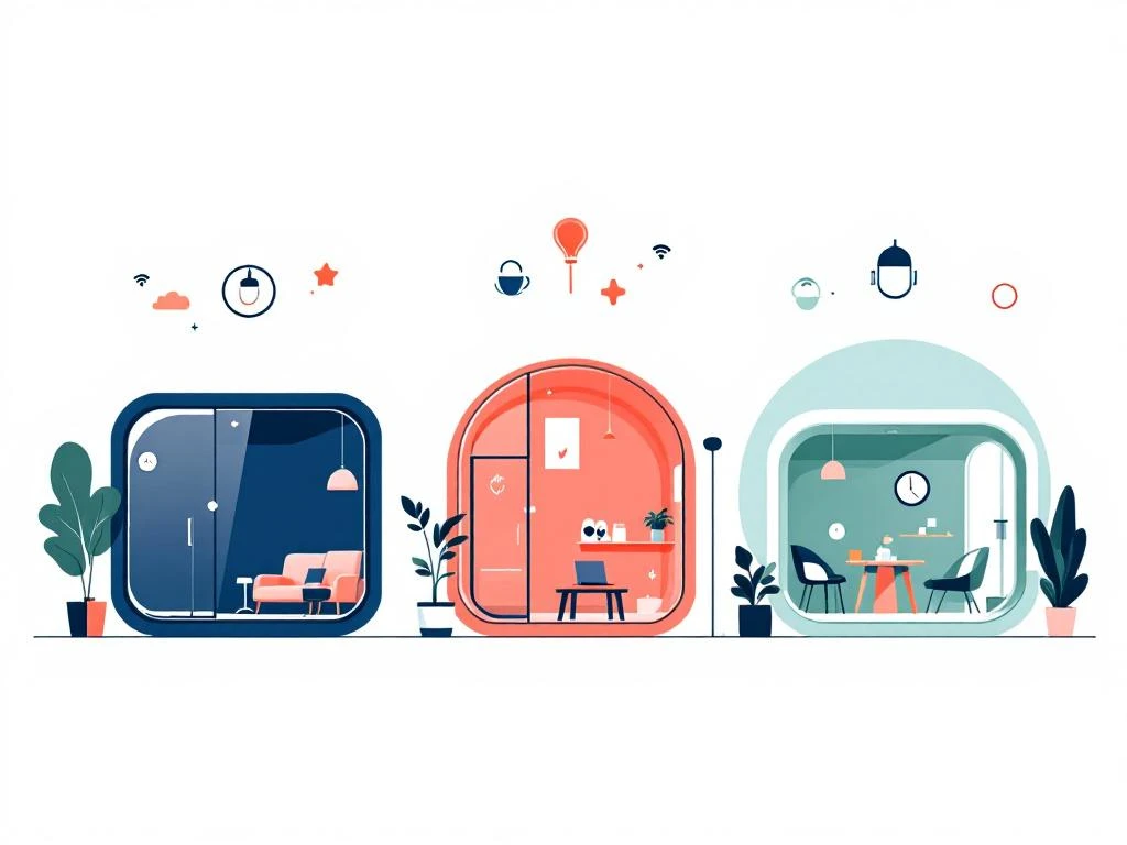 Drie moderne coworking spaces met open kantoren, privé-ruimtes en vergaderzalen, met wifi en koffie pictogrammen