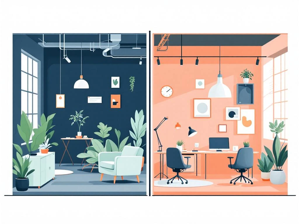 Moderne vergelijking coworking versus traditioneel kantoor: open flexibele werkruimte links, formeel kantoor rechts