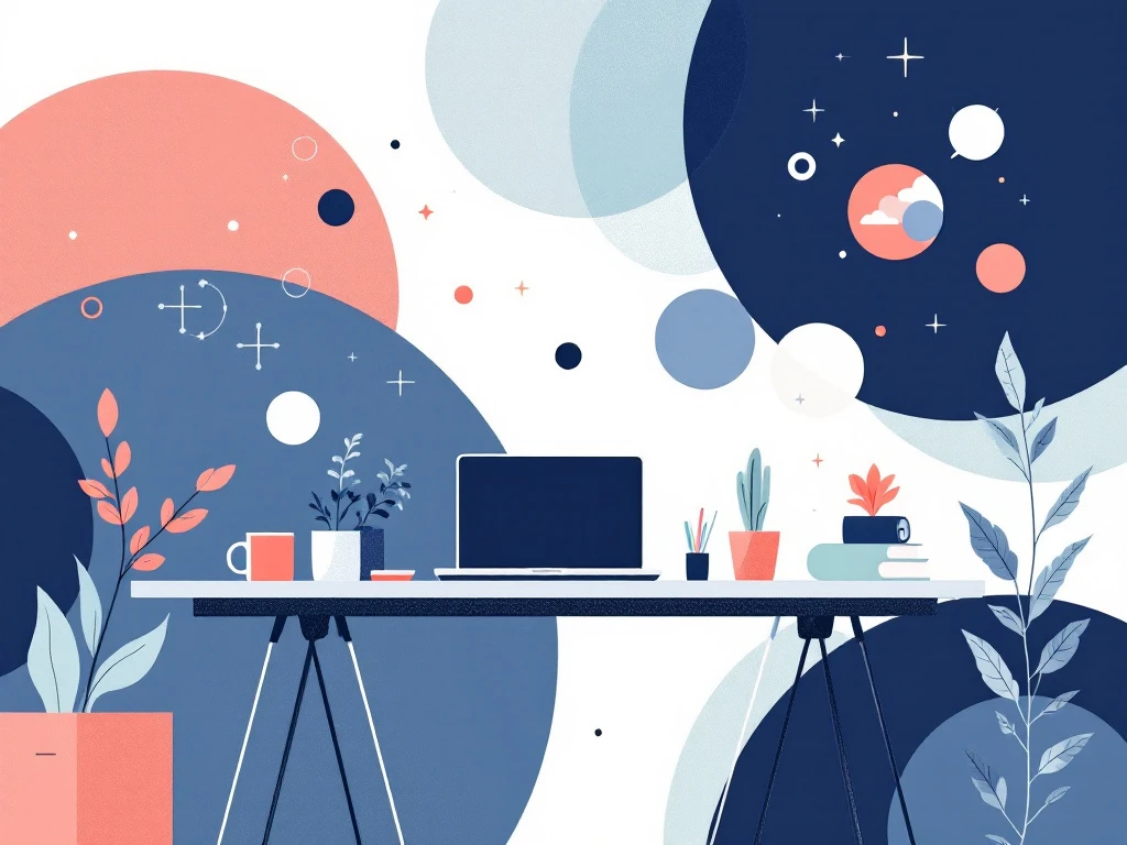 Moderne illustratie van diverse co-working dynamicen: laptop, koffiekop en samenwerkingssymbolen in navy, koraal en groen