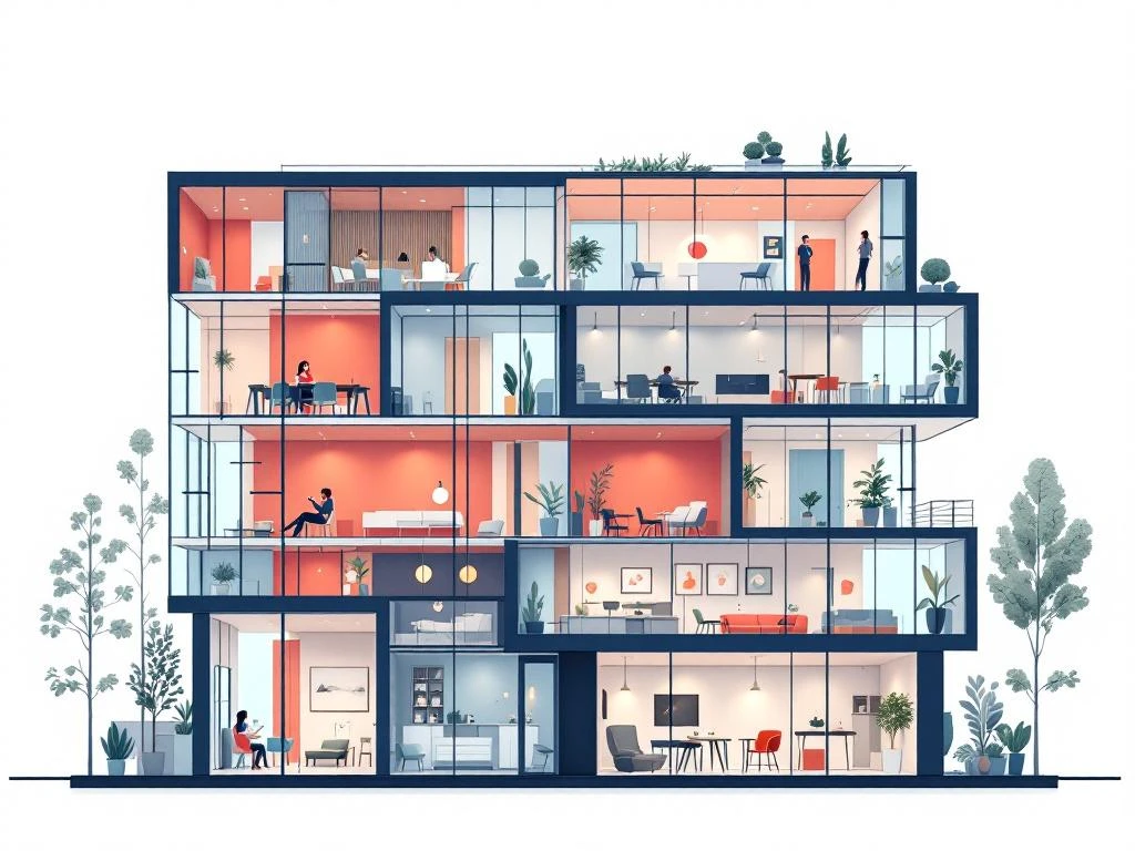 Doorsnede van modern kantoorgebouw met flexibele werkruimtes, coworking areas en vergaderruimtes in navy, coral en groen