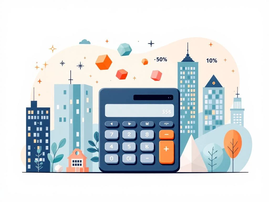 Moderne calculator met zwevende geometrische vormen voor huurberekeningen, omringd door kantoorgebouwen en percentagesymbolen