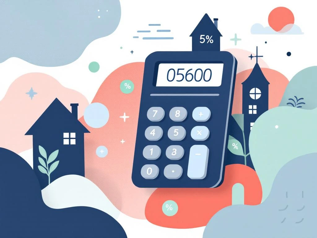 Moderne calculator met zwevende percentagesymbolen en geometrische huissilhouetten voor huurprijsberekening