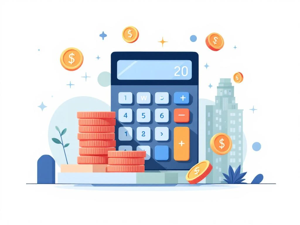 Moderne calculator met zwevende muntsymbolen rond kantoorgebouw silhouet, workspace dynamicen in navy, koraal en sage tinten
