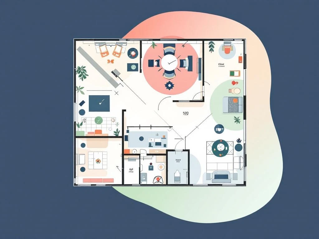 Moderne kantoorplattegrond voor 500 personen met werkzones in marineblauw, koraal en saliegroen tinten