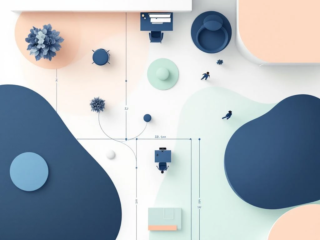 Kantoor plattegrond met werkplekken, looppaden en afstandsrichtlijnen voor optimale ruimte-indeling