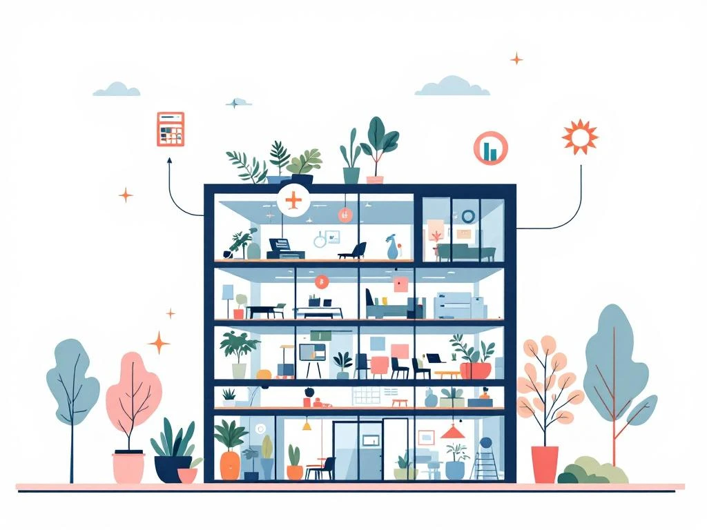 Doorsnede kantoorgebouw met zwevende pictogrammen voor servicekosten zoals calculator, utilities en schoonmaak