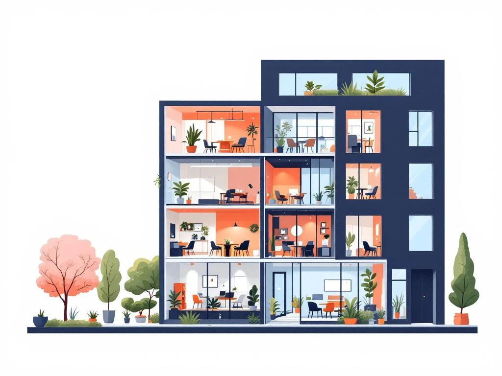 Moderne kantoorgebouw doorsnede met verschillende werkruimtes, vergaderzalen en samenwerkingsplekken in vriendelijke kleuren