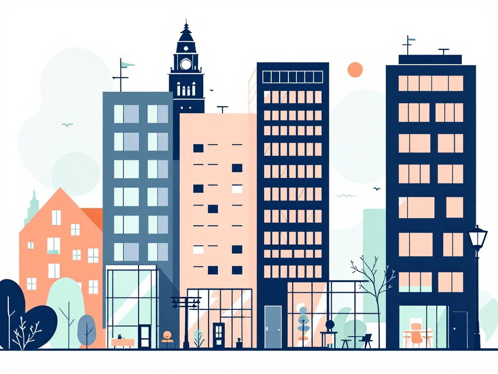 Moderne kantoorgebouwen met flexibele werkruimte-iconen in navy, perzik en mintgroen op witte achtergrond