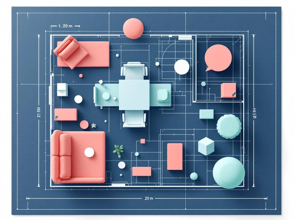 Moderne kantoor plattegrond blauwdruk met 3D meubilair iconen, bureaus en stoelen in navy, koraal en sage kleuren