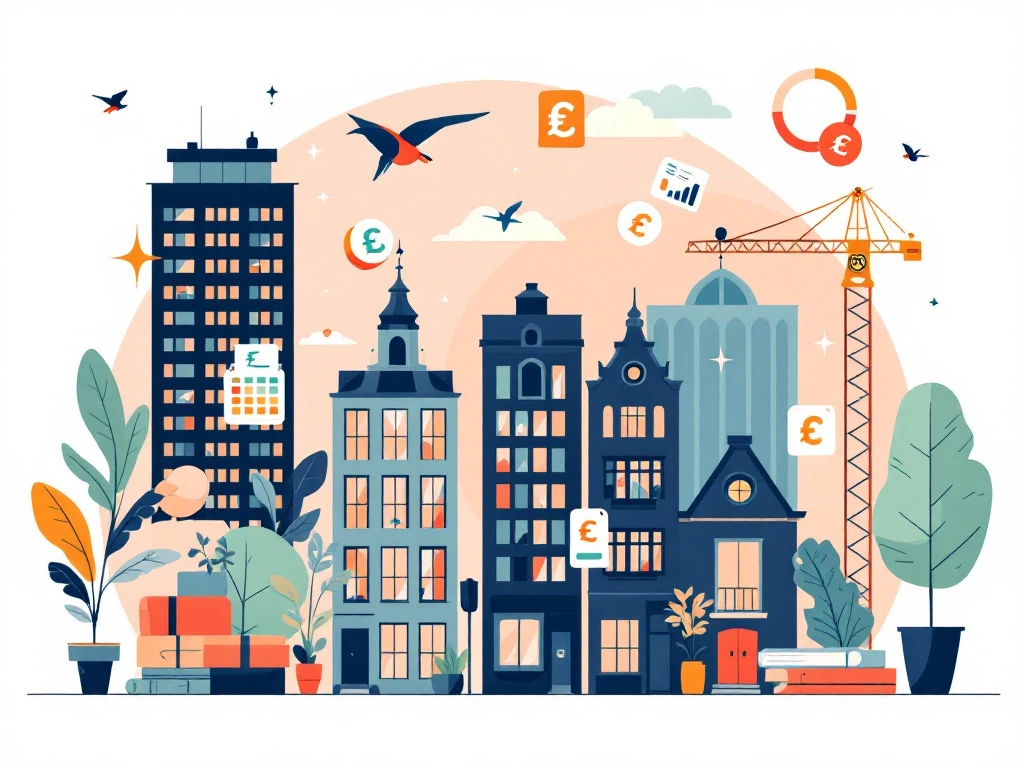 Moderne illustratie van flexibele kantoorruimte prijsconcepten met rekenmachine iconen en werkplek symbolen in zachte kleuren