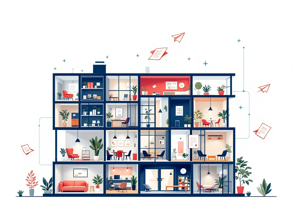 Doorsnede van modern kantoorgebouw met flexibele werkruimtes, contractdocumenten als papieren vliegtuigjes, navy en koraal