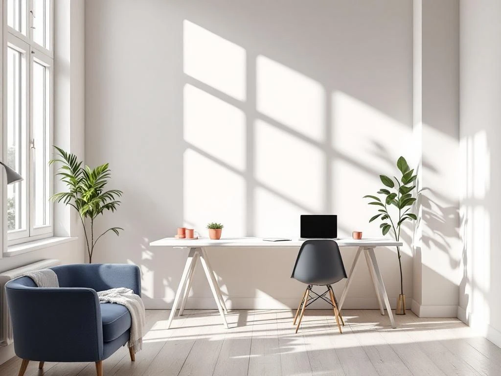 Moderne minimalistische kantoorruimte met groot raam, natuurlijk licht, bureau met laptop en plant in navy, koraal en sage tinten